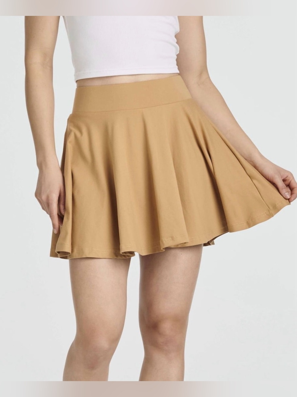 3X Stretchy and Flowy Mini Flared Skater Skirt in Tan/ Light Brown